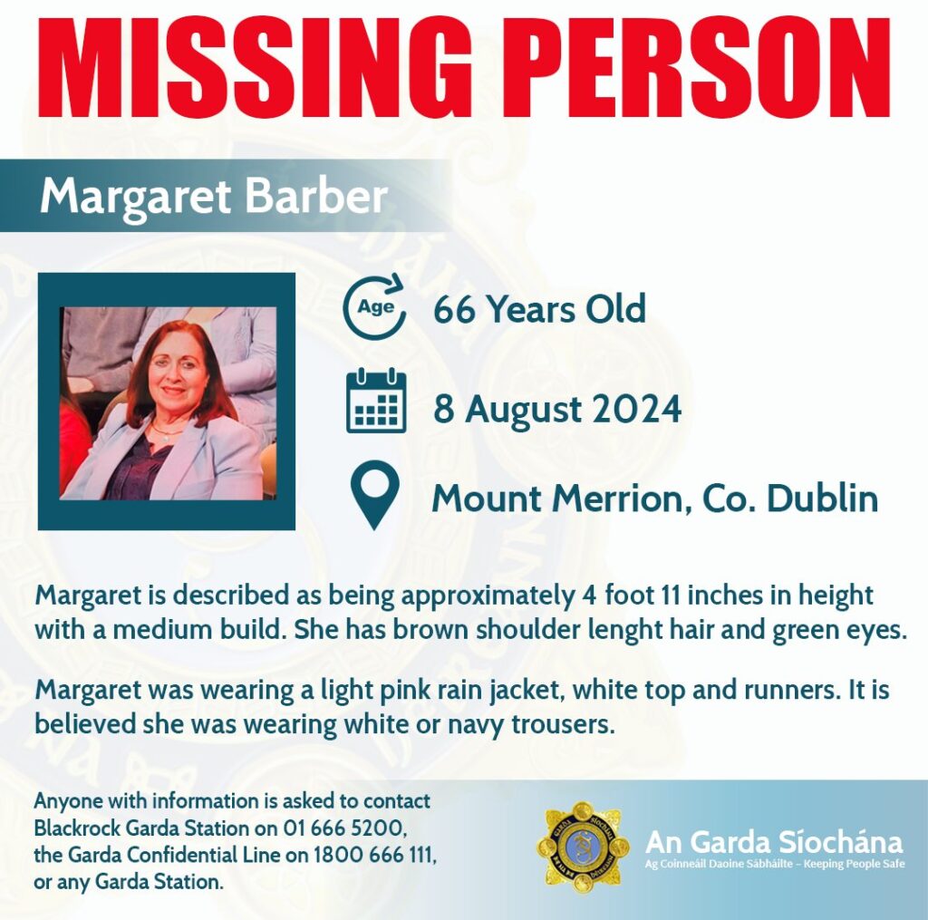 Margaret Barber Missing Mount Merrion Help Find 66-Year-Old Margaret Barber